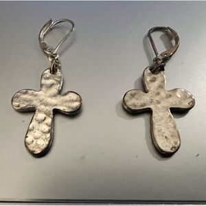 Silver Hammered Cross Earrings Dangle Handmade